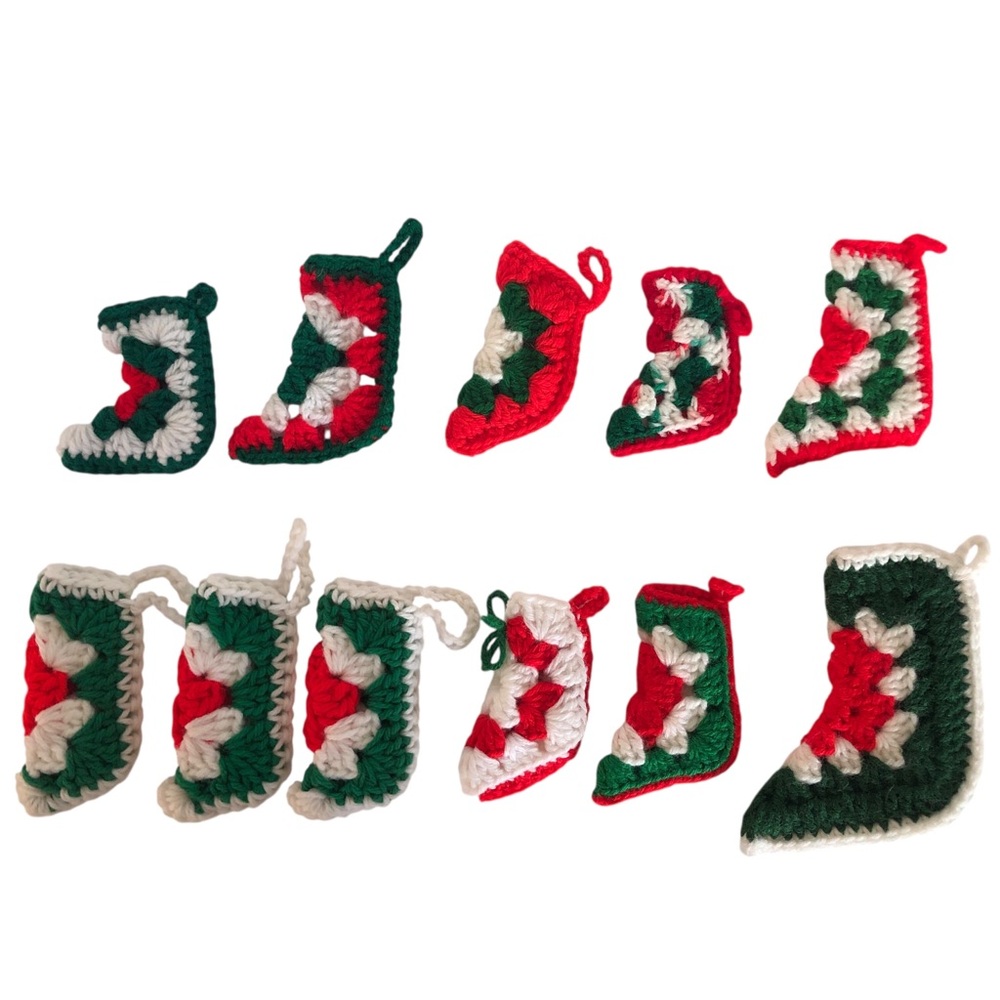 VINTAGE 70s Lot of 11 Crochet Granny Square Style Christmas Stocking Ornaments